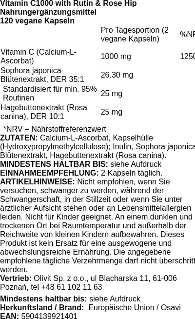 Produktetikett — Vitamin C1000 with Rutin & Rose Hip - 120 vegan caps (PB 107595)