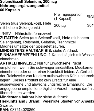 Produktetikett — SelenoExcell Selenium, 200mcg - 60 caps (PB 85843)