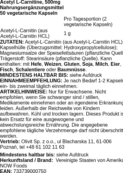 Produktetikett — Acetyl-L-Carnitine, 500mg - 50 vcaps (PB 76686)