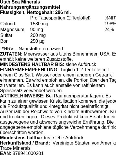 Produktetikett — Utah Sea Minerals -  296 ml. (PB 102126)