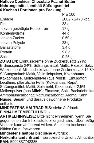 Produktetikett — Nutlove Cookies, Chocolate Peanut Butter - 6 cookies (PB 113163)