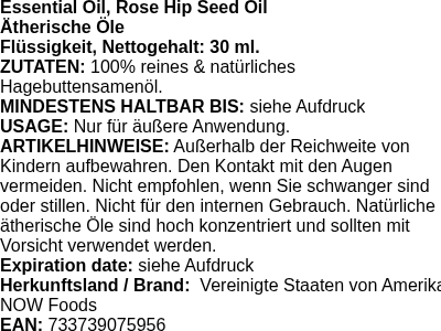 Produktetikett — Essential Oil, Rose Hip Seed Oil - 30 ml. (PB 10422)