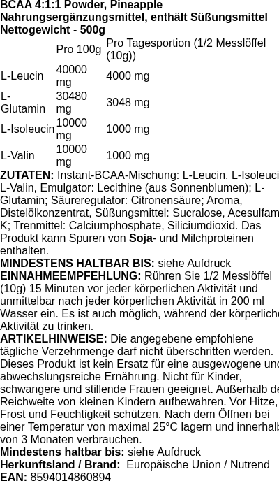 Produktetikett — BCAA 4:1:1 Powder, Pineapple - 500g (PB 116462)