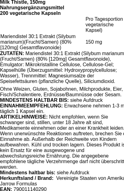 Produktetikett — Milk Thistle, 150mg - 200 vcaps (PB 77469)