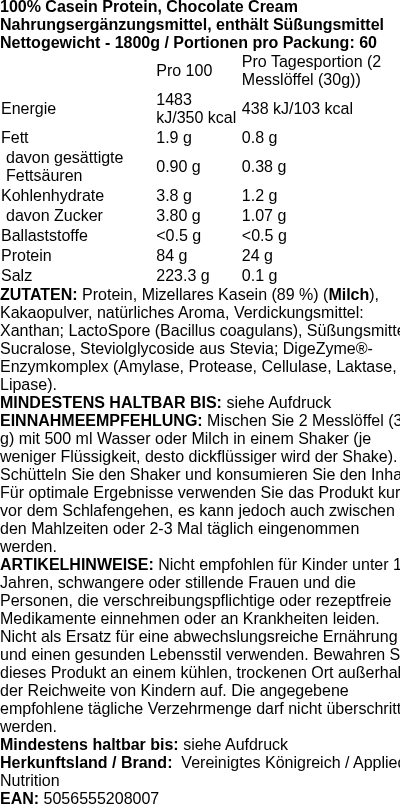 Produktetikett — 100% Casein Protein, Chocolate Cream - 1800g (PB 123214)