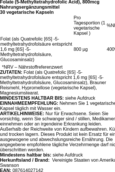 Produktetikett — Folate (5-Methyltetrahydrofolic Acid), 800mcg - 30 vcaps (PB 85821)