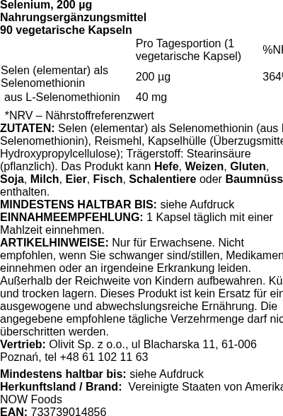 Produktetikett — Selenium, 200mcg - 90 vcaps (PB 72672)