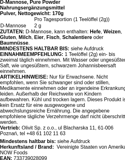 Produktetikett — D-Mannose, Pure Powder - 170g (PB 91401)