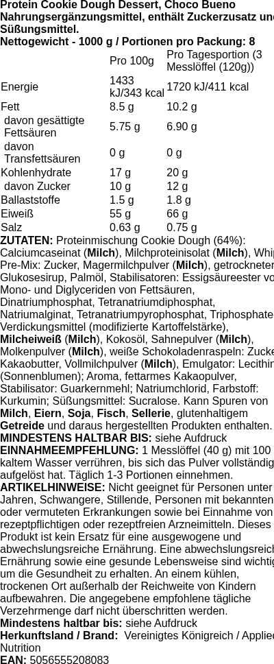 Produktetikett — Protein Cookie Dough Dessert, Choco Bueno - 1000g (PB 122648)