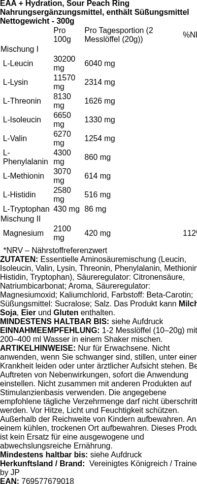 Produktetikett — EAA + Hydration, Sour Peach Ring - 300g (PB 116580)