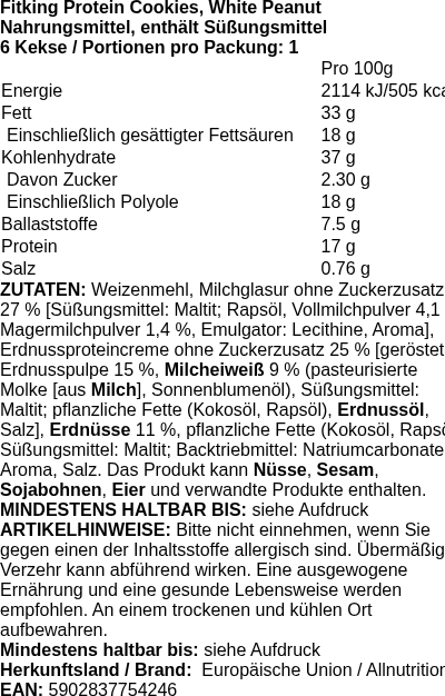 Produktetikett — Fitking Protein Cookies, White Peanut - 6 cookies (PB 124561)
