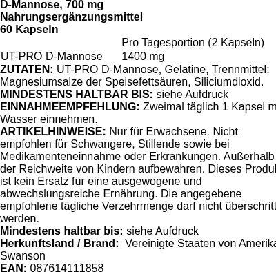 Produktetikett — D-Mannose, 700mg - 60 caps (PB 84330)