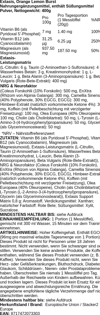 Produktetikett — Extasis, Orange Lemon Burst - 400g (PB 112315)