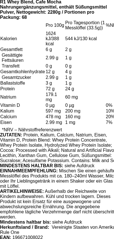 Produktetikett — R1 Whey Blend, Cafe Mocha - 2280g (PB 114007)