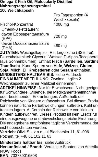 Produktetikett — Omega-3 Fish Oil, Molecularly Distilled - 100 softgels (PB 7593)
