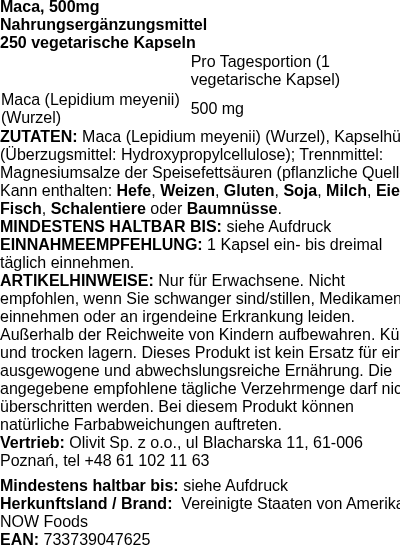 Produktetikett — Maca, 500mg - 250 vcaps (PB 56223)