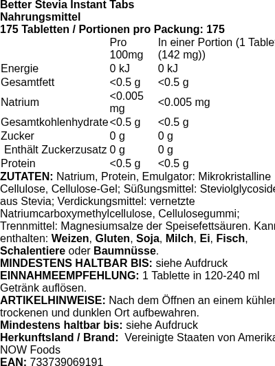 Produktetikett — Better Stevia Instant Tabs - 175 tabs (PB 68802)