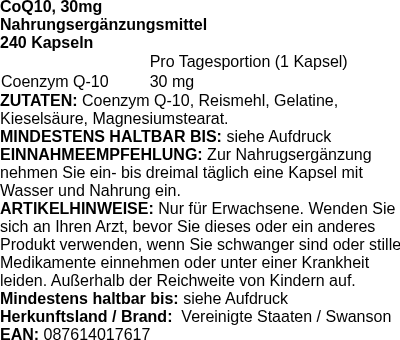 Produktetikett — CoQ10, 30mg - 240 caps (PB 89408)