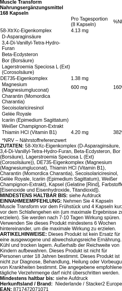 Produktetikett — Muscle Transform - 168 caps (PB 87526)