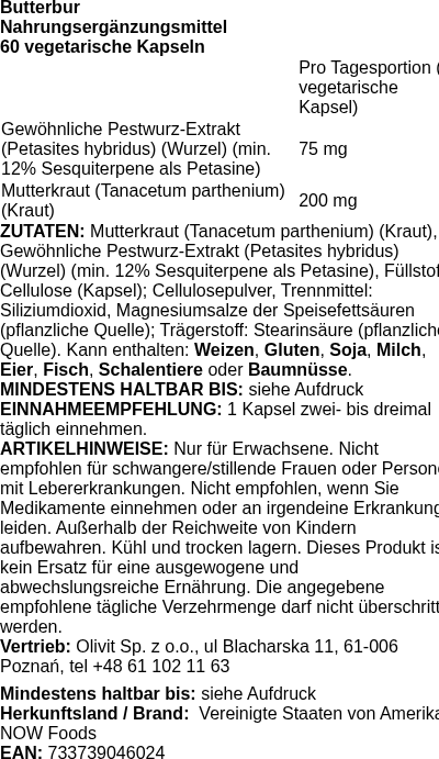 Produktetikett — Butterbur - 60 vcaps (PB 83901)