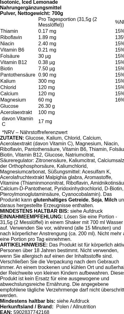 Produktetikett — Isotonic, Iced Lemonade - 700g (PB 113487)