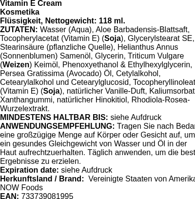 Produktetikett — Vitamin E Cream - 118 ml. (PB 72783)
