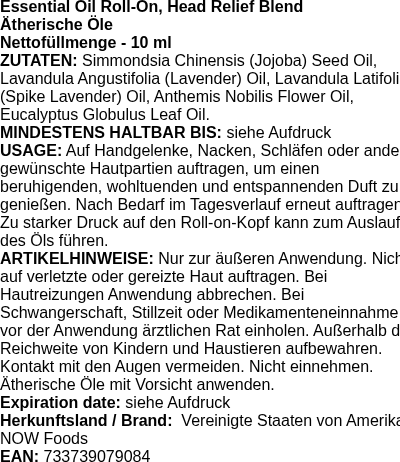 Produktetikett — Essential Oil Roll-On, Head Relief Blend - 10 ml. (PB 99435)