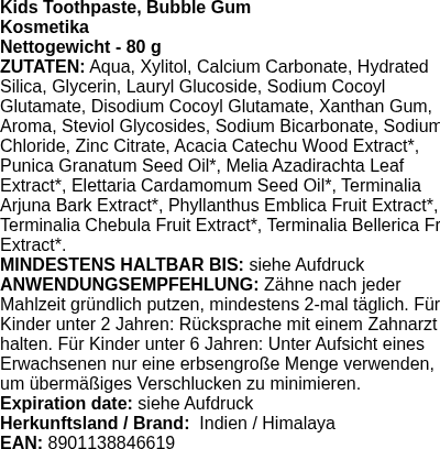 Produktetikett — Kids Toothpaste, Bubble Gum - 80g (PB 103988)