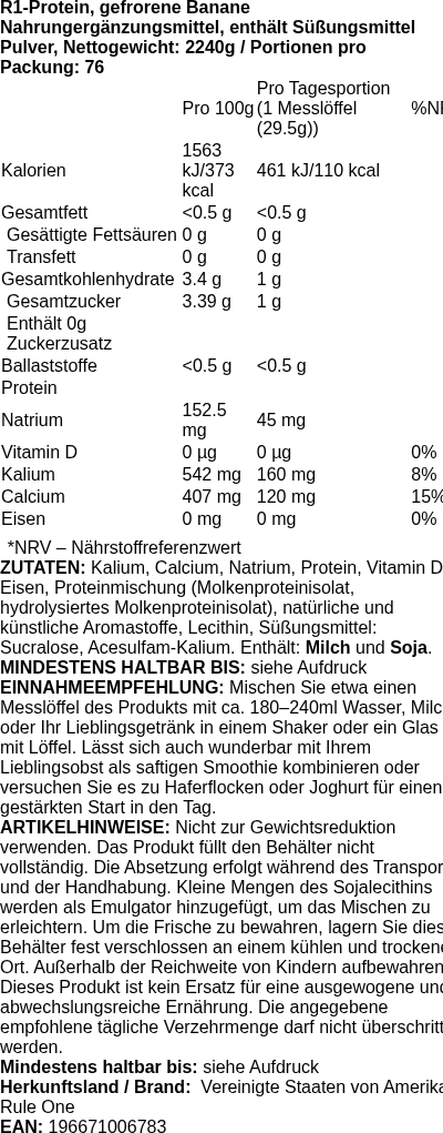 Produktetikett — R1 Protein, Frozen Banana - 2240g (PB 113994)