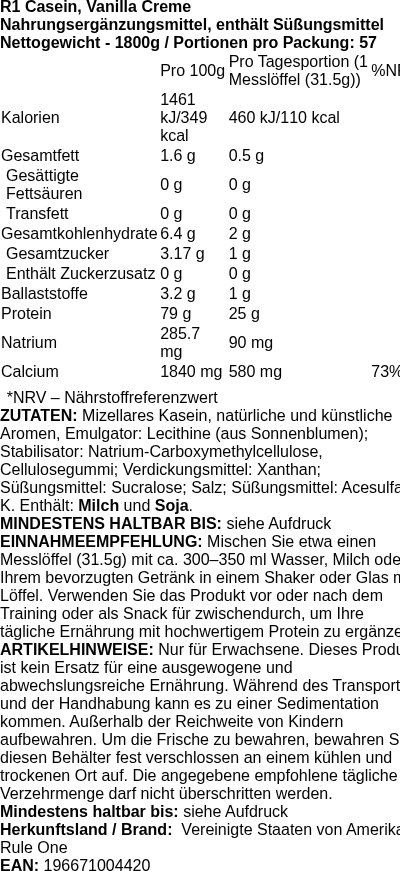 Produktetikett — R1 Casein, Vanilla Creme - 1800g (PB 114157)