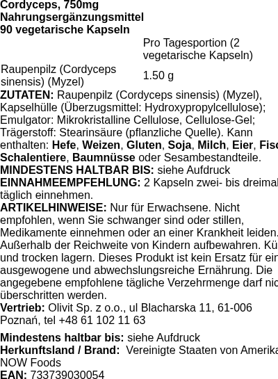 Produktetikett — Cordyceps, 750mg - 90 vcaps (PB 6753)