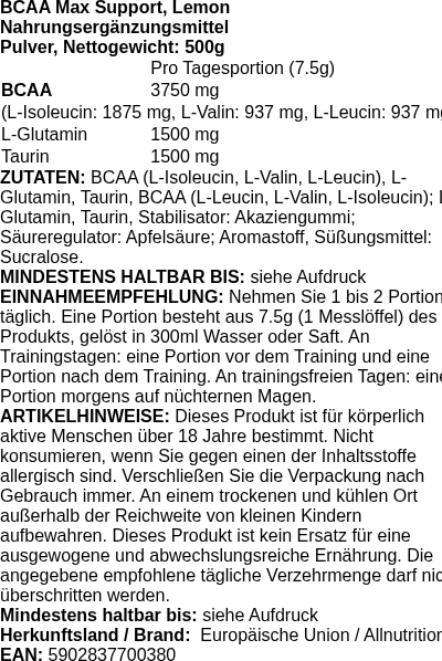 Produktetikett — BCAA Max Support, Lemon - 500g (PB 98797)