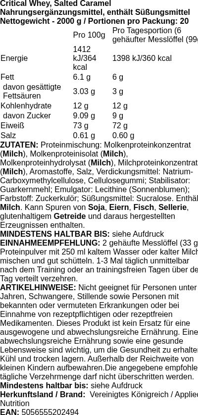 Produktetikett — Critical Whey, Salted Caramel - 2000g (PB 115779)