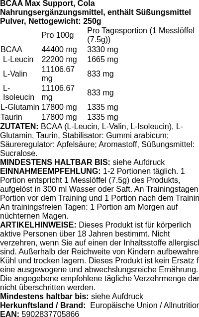 Produktetikett — BCAA Max Support, Cola - 250g (PB 122141)