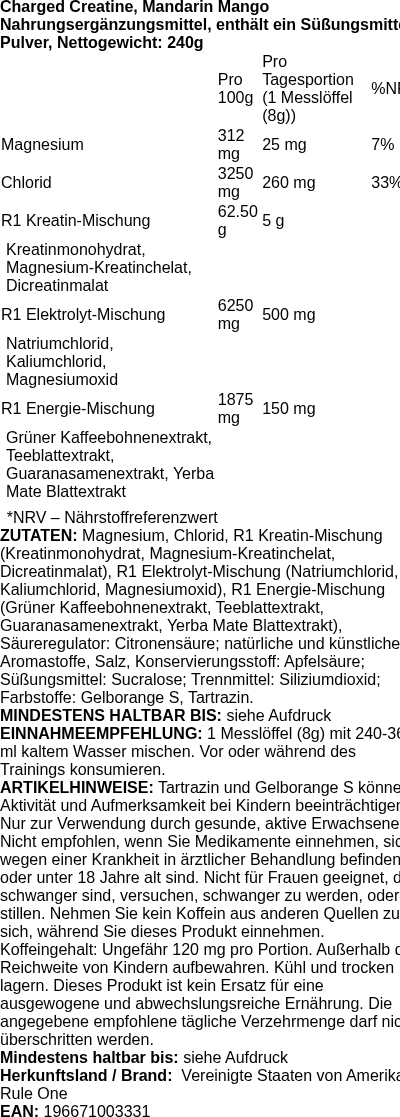 Produktetikett — Charged Creatine, Mandarin Mango - 240g (PB 119572)