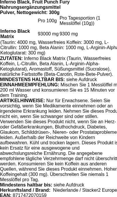 Produktetikett — Inferno Black, Fruit Punch Fury - 300g (PB 95547)