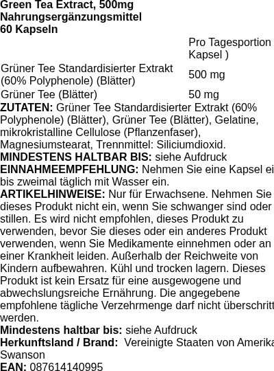 Produktetikett — Green Tea Extract, 500mg - 60 caps (PB 85704)