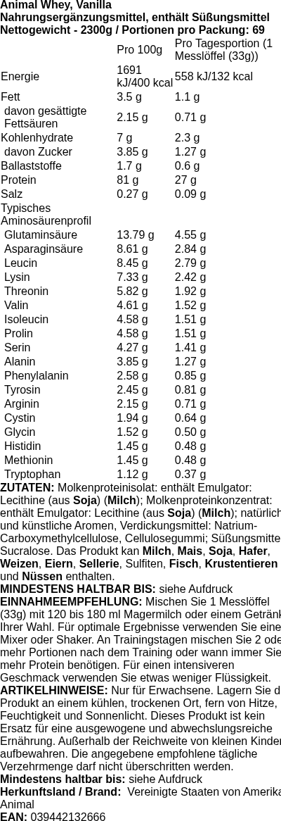 Produktetikett — Animal Whey, Vanilla - 2300g (PB 105115)