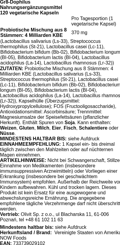 Produktetikett — Gr8-Dophilus - 120 vcaps (PB 83221)