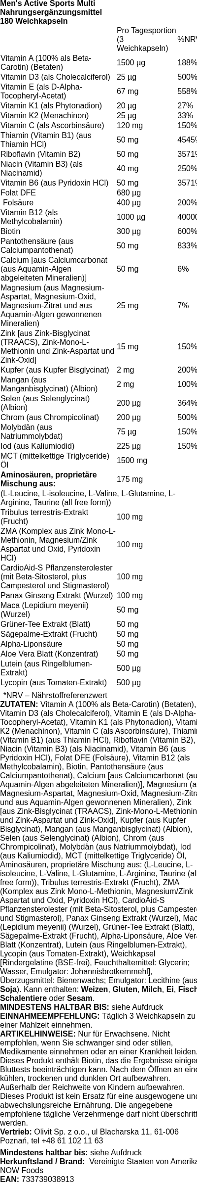 Produktetikett — Men's Active Sports Multi - 180 softgels (PB 10388)