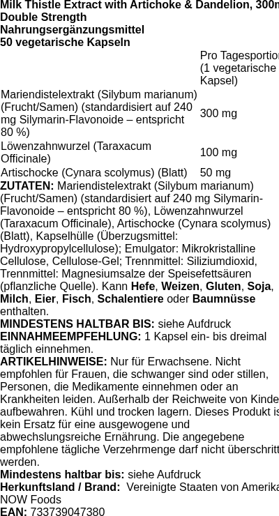 Produktetikett — Milk Thistle Extract with Artichoke & Dandelion, 300mg Double Strength - 50 vcaps (PB 65077)