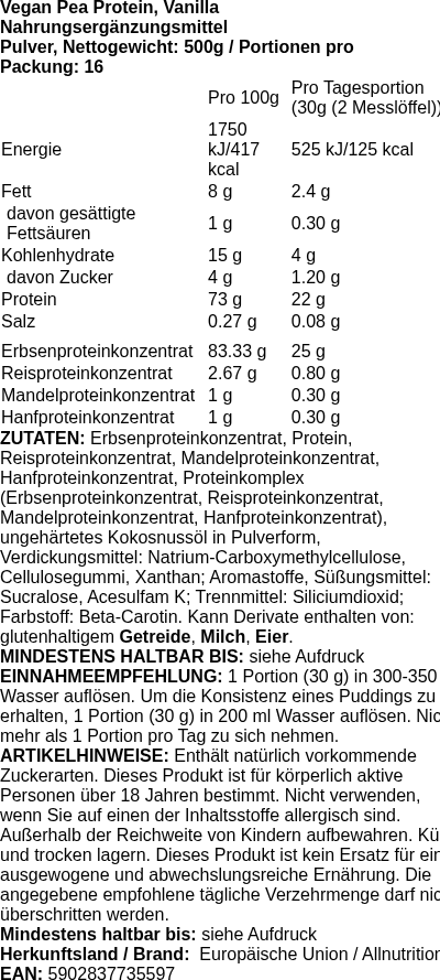 Produktetikett — Vegan Pea Protein, Vanilla - 500g (PB 103548)