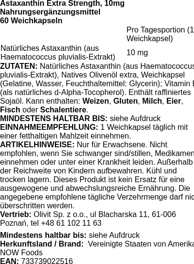 Produktetikett — Astaxanthin Extra Strength, 10mg - 60 softgels (PB 76687)