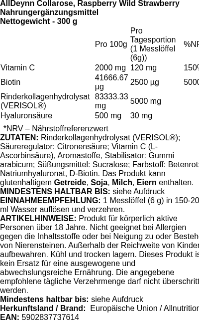 Produktetikett — AllDeynn Collarose, Raspberry Wild Strawberry - 300g (PB 113394)
