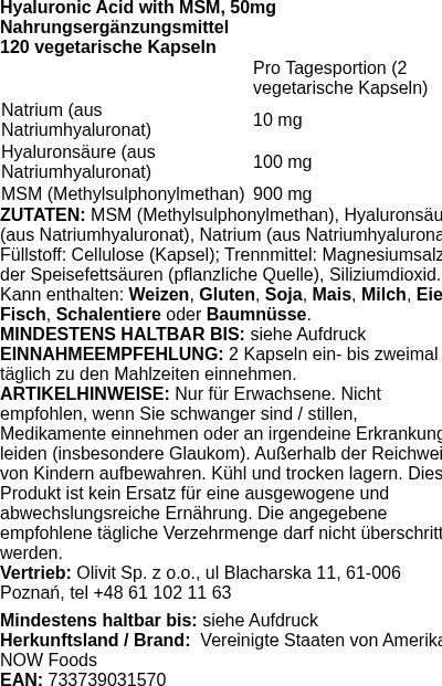 Produktetikett — Hyaluronic Acid with MSM, 50mg - 120 vcaps (PB 71726)