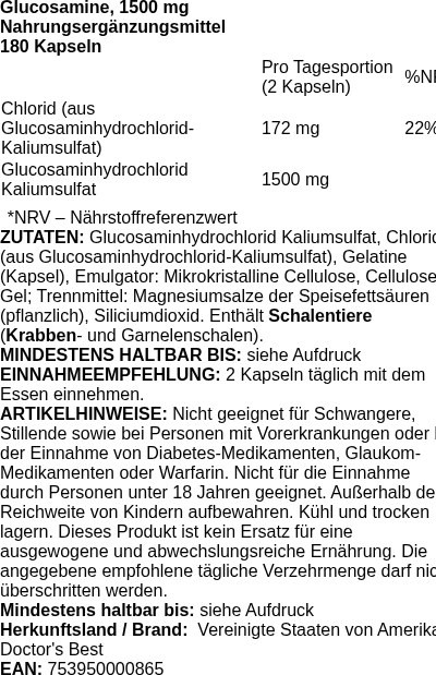 Produktetikett — Glucosamine, 1500mg - 180 caps (PB 85148)