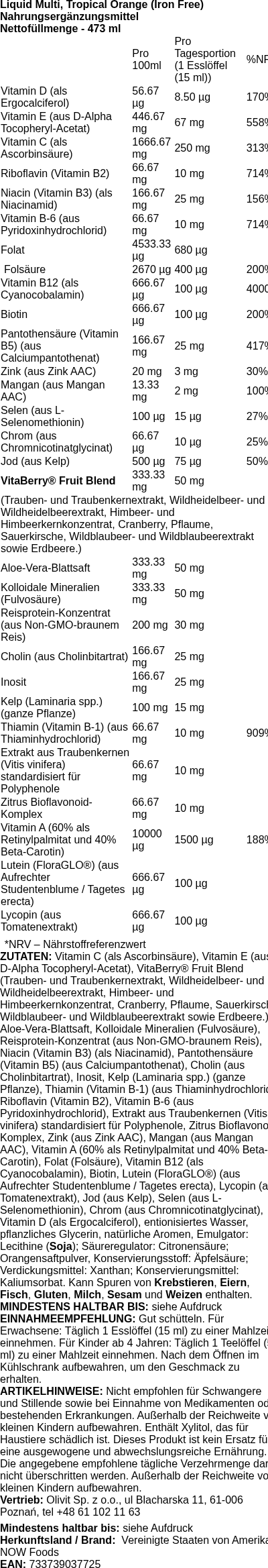 Produktetikett — Liquid Multi, Tropical Orange (Iron Free) - 473 ml. (PB 72280)