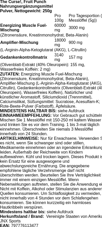 Produktetikett — The Curse!, Fruit Punch - 250g (PB 98120)