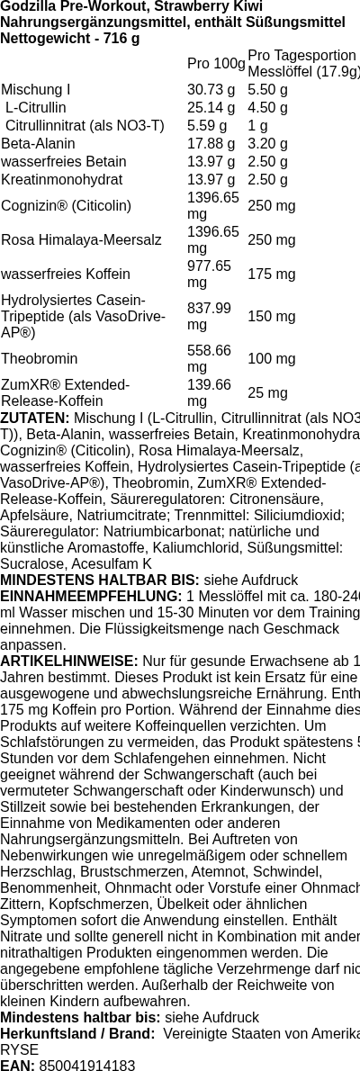 Produktetikett — Godzilla Pre-Workout, Strawberry Kiwi - 716g (PB 114899)
