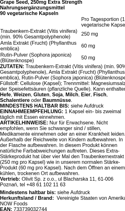 Produktetikett — Grape Seed, 250mg Extra Strength - 90 vcaps (PB 88618)
